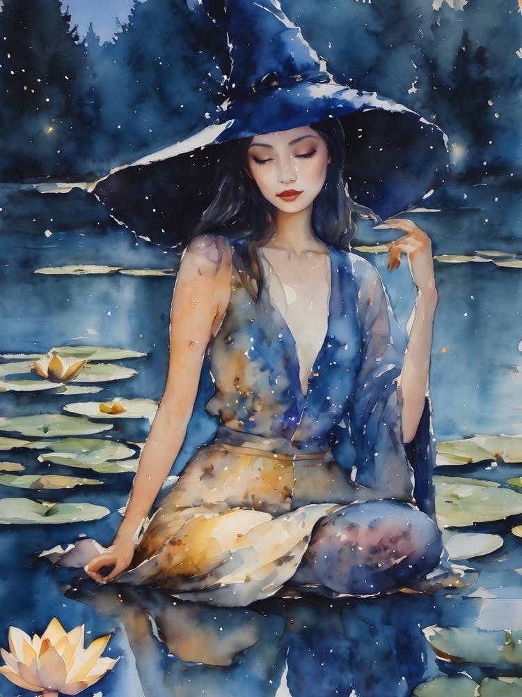 Blue Lotus Witch ~ Fairytale Witchy Pagan Elven Full Moon Witchcraft Oriental Watercolor Painting Sacred Spirit