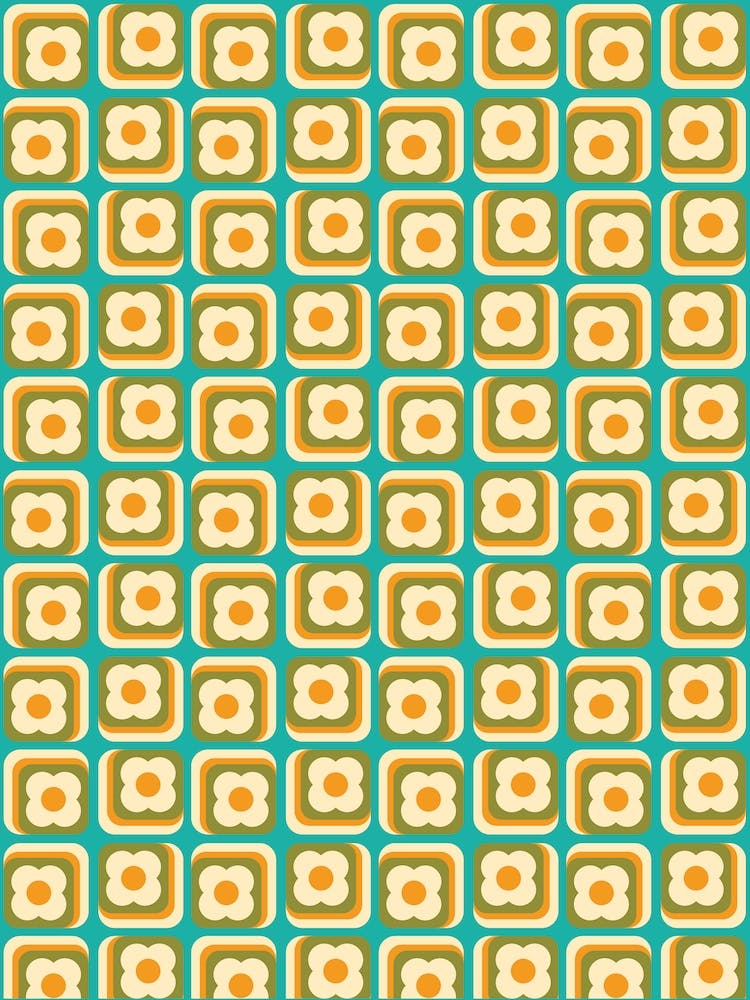 Carrés Floraux Rétro Années 70, Bleu Sarcelle, Vert, Orange