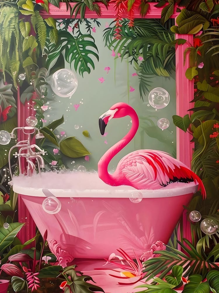 Flamingo In Bathtub Print, Bathroom Wall Art, Pink Flamingo Print, Funny Flamingo Poster, Maximalist Wall Art, Aesthetic Decor, Pink Poster