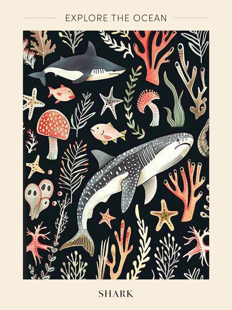 Shark Pattern Seascape Black Background Illustration 2 Poster