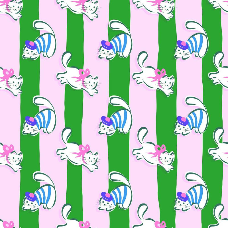 Playful Chasing Cats Doodles on Stripes - Bold Pastels Teal Blue Aqua