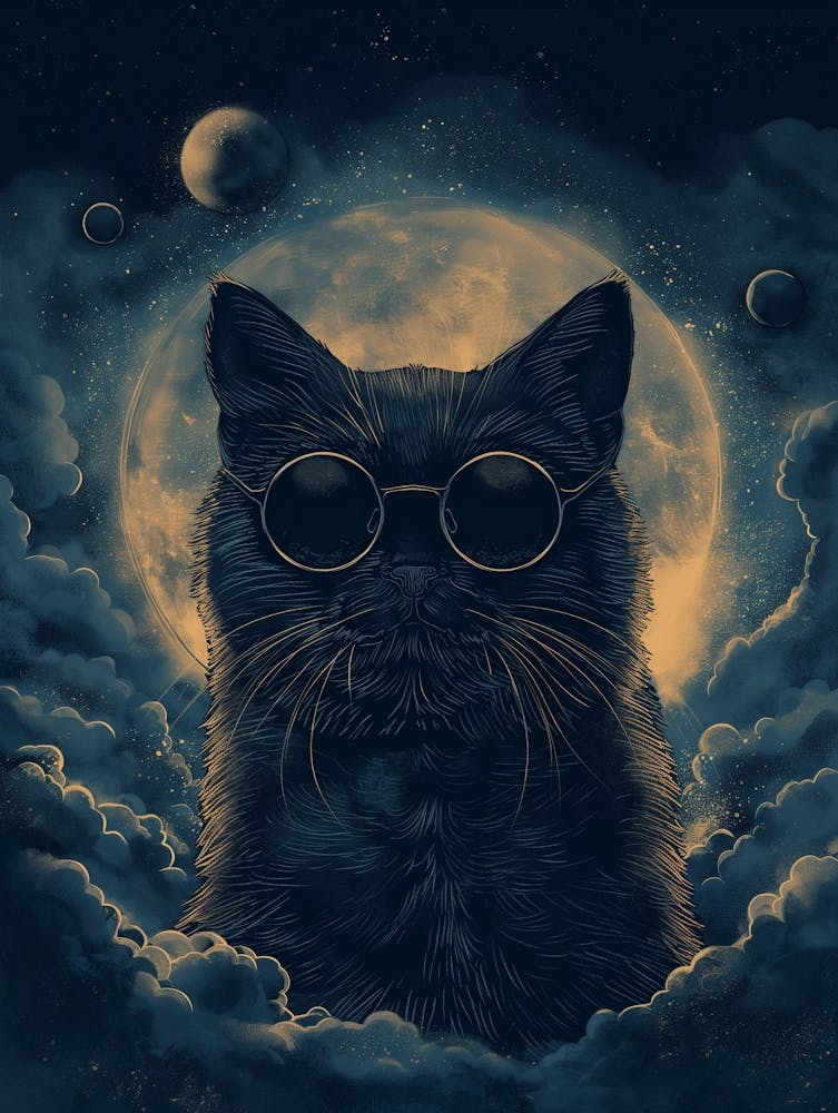 Black Cat With Glasses, In The Style Of Otherworldly Illustrations, Dark Sky Blue And Dark White, Frostpunk, Use Of Vintage Imagery, Tivadar Csontváry Kosztka, Algorithmic Artistry, Ed Piskor 1