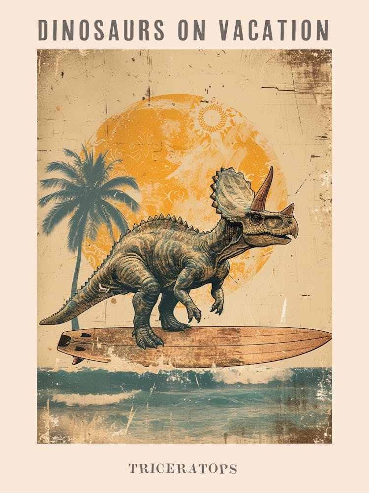 Vintage Triceratops Dinosaur On A Surf Board 1 Poster