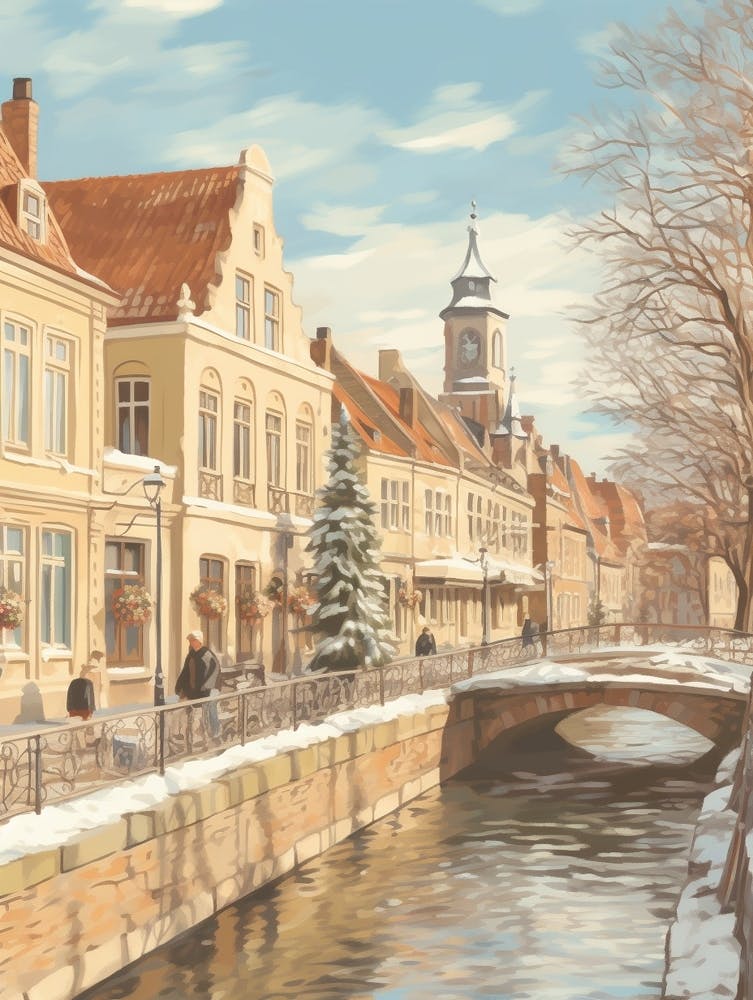Vintage Winter Illustration Bruges Belgium 5
