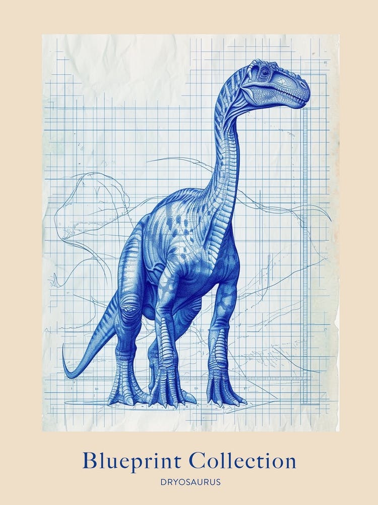 Dryosaurus Dinosaur Blue Print Sketch 2 Poster