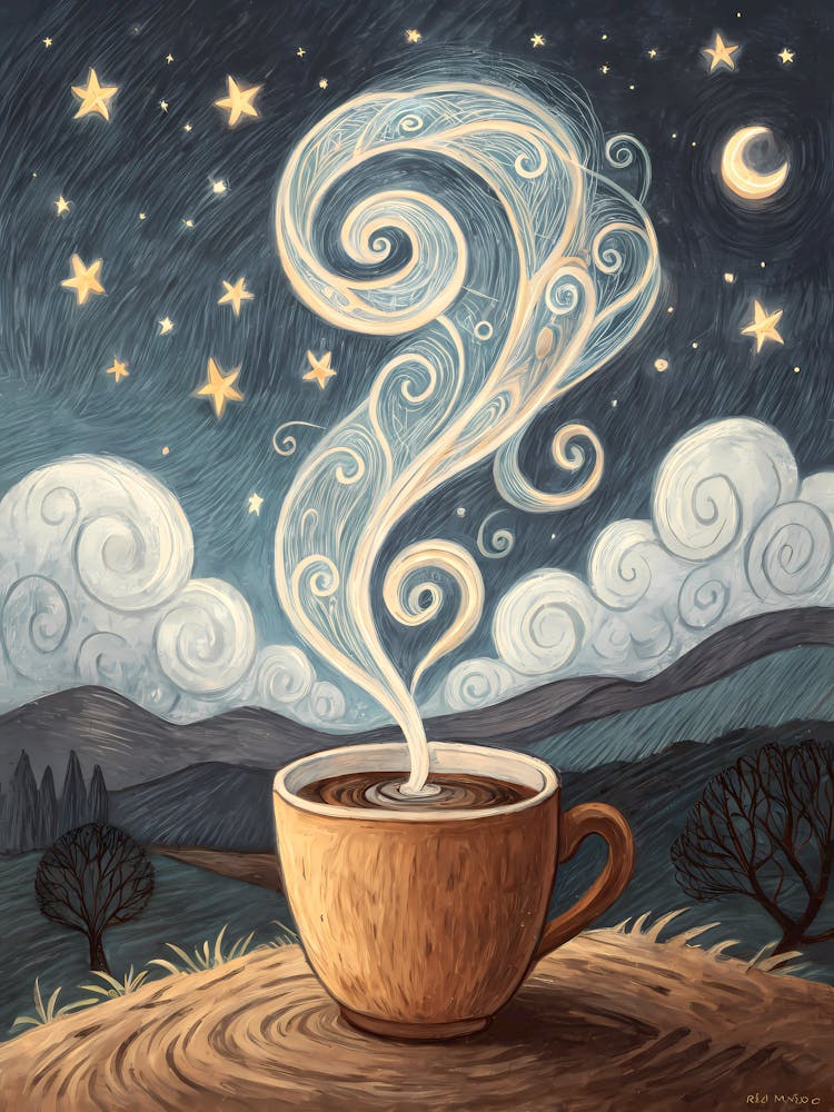 Oil Painting Style Steaming Coffee Cup Under Starry Night Sky