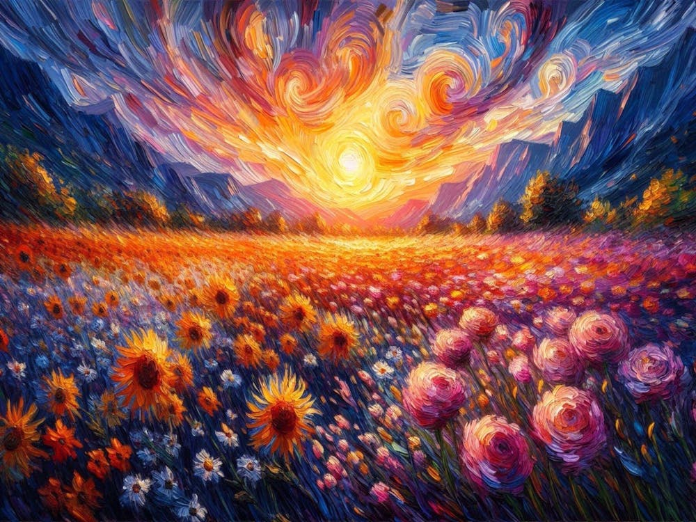 Painting Of A Field Of Flowers With A Sunset In The Background The Style Of Van Gogh