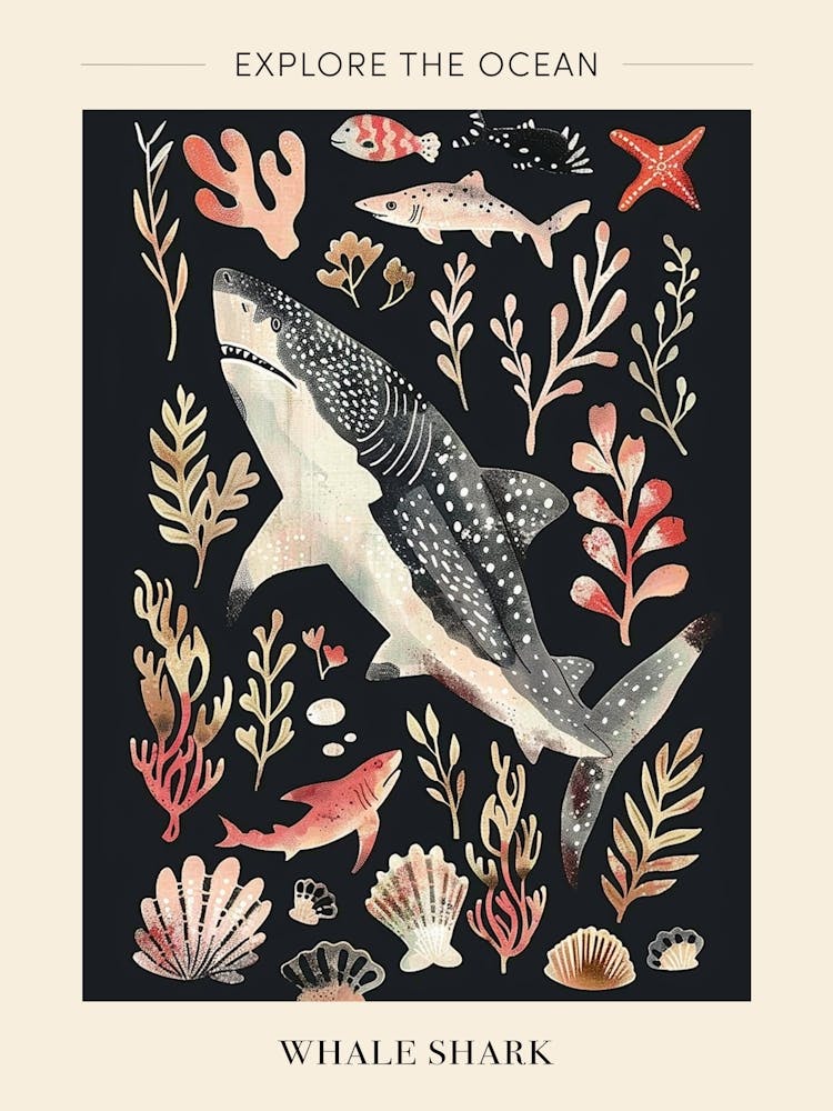 Whale Shark Seascape Black Background Illustration 4 Poster