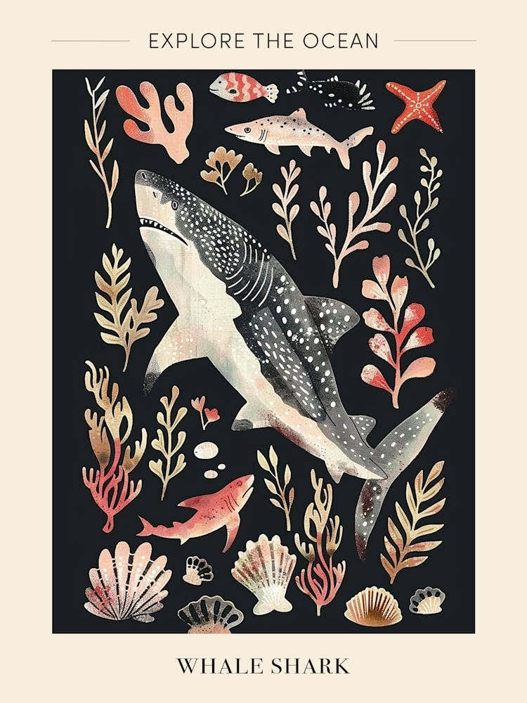 Whale Shark Seascape Black Background Illustration 4 Poster