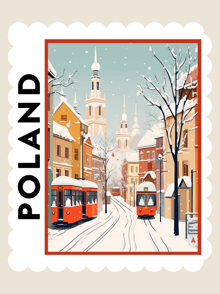 Retro Winter Stamp Poster Krakow Poland
