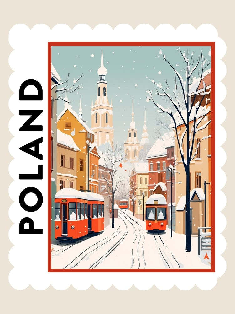 Retro Winter Stamp Poster Krakow Poland
