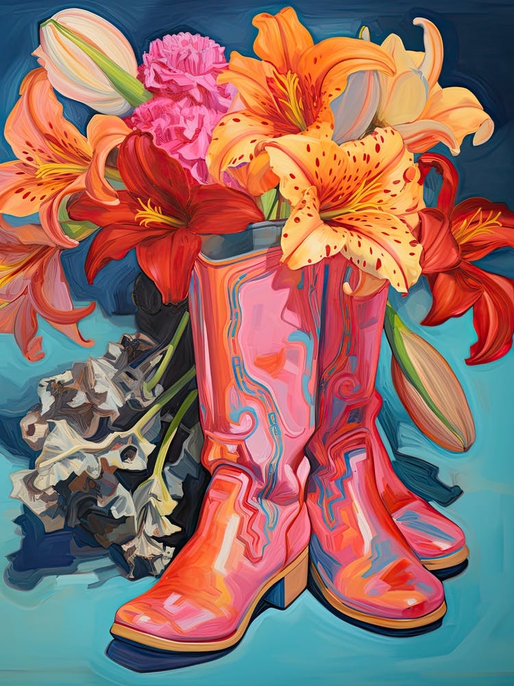 Oil Painting Of Colourful Flowers And Cowboy Boots, Oil Style 1