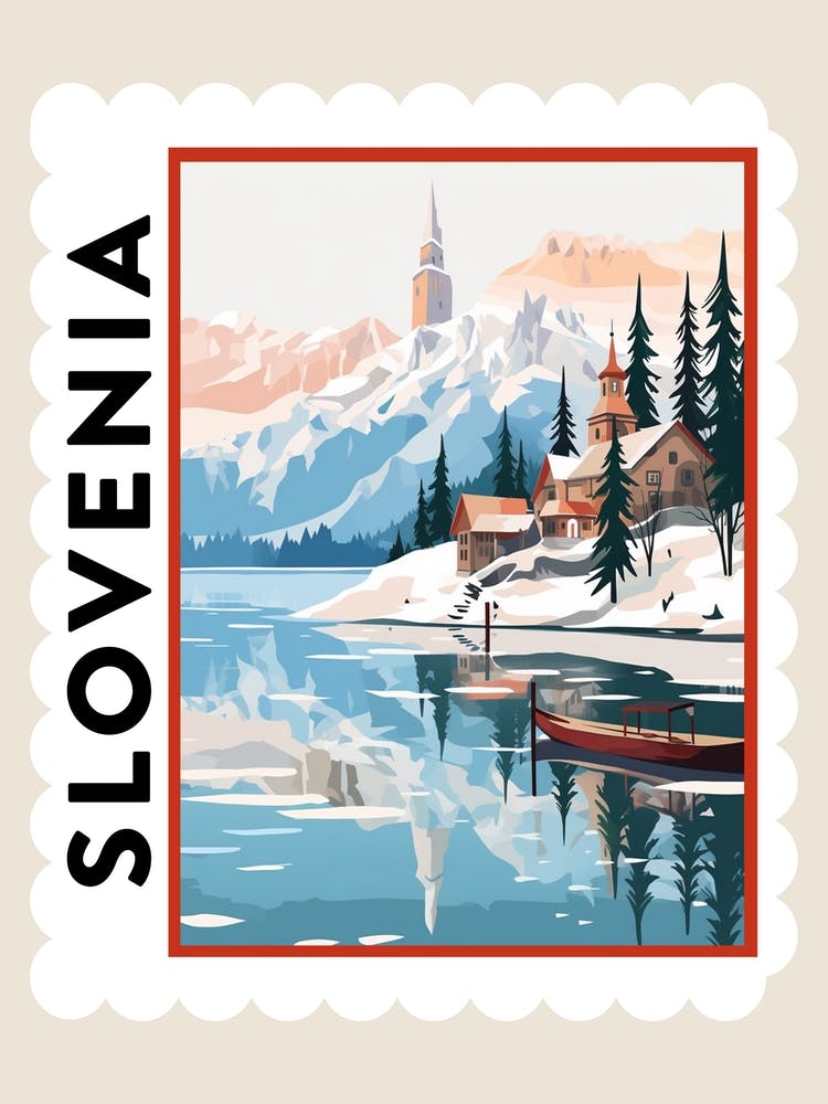 Retro Winter Stempel Poster Bleder See Slowenien 1