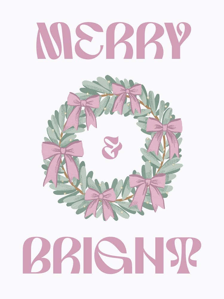 Christmas Wreath with Quote - Merry And Bright. Pastel Whimsical