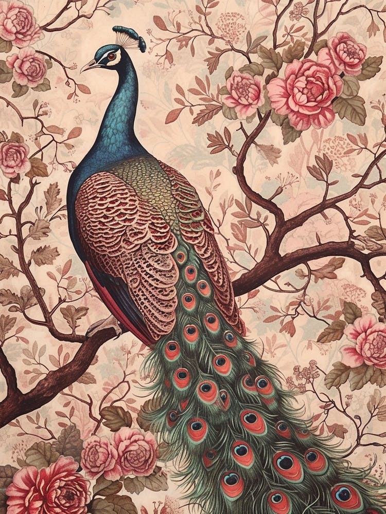 Blush Pink Floral Peacock Wallpaper