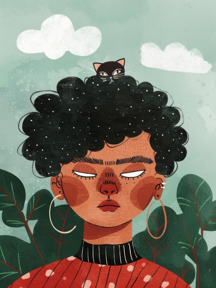 Afro-American Girl With Cat
