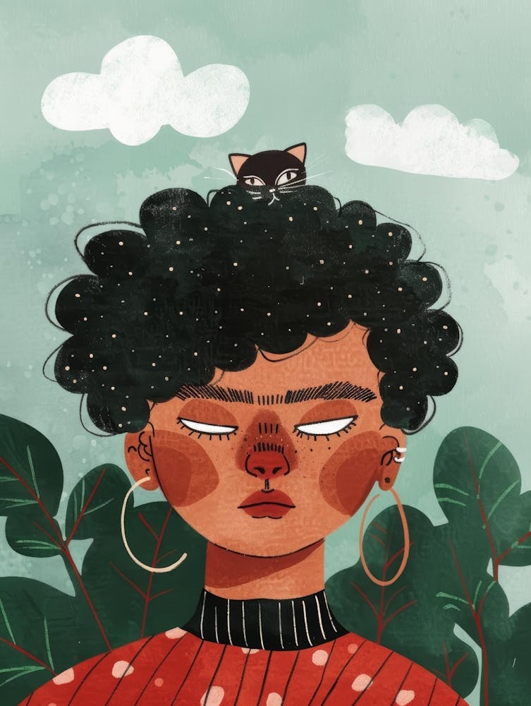 Afro-American Girl With Cat
