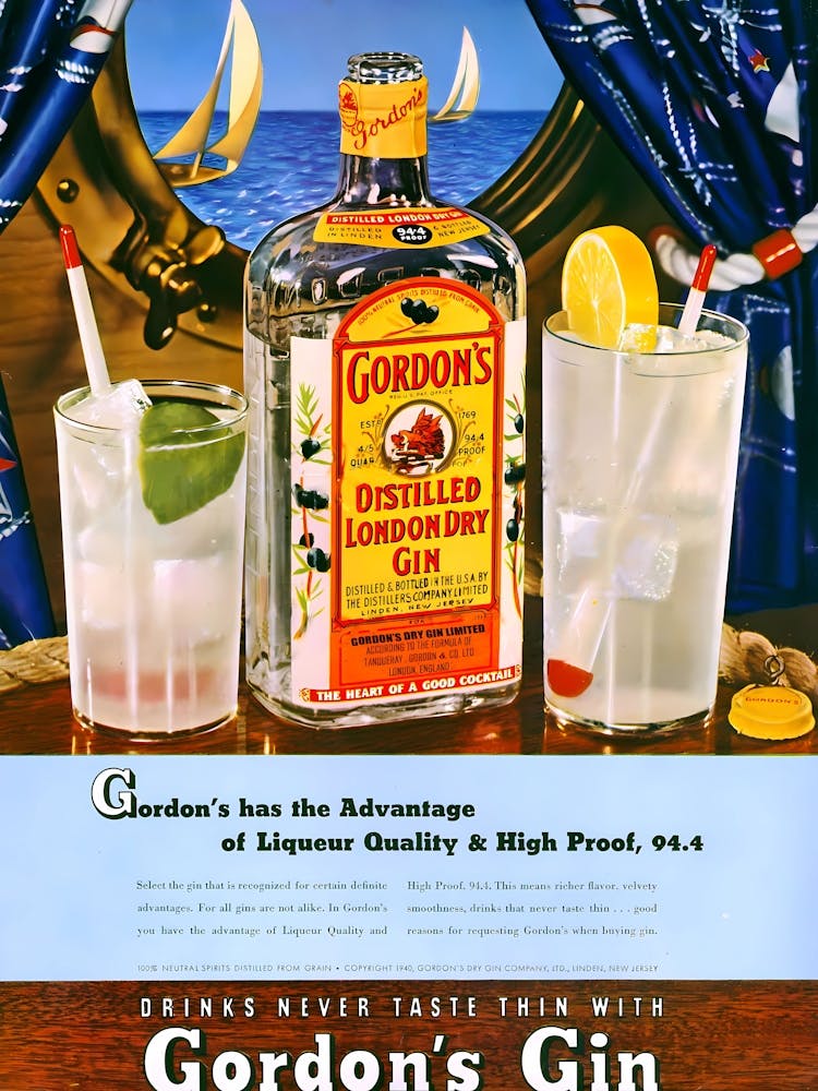 Gordon's Gin, Bottle and Glasses, Alcohol Vintage Advertising Poster