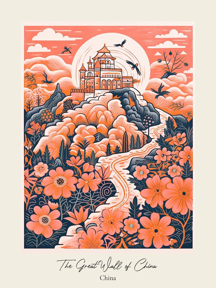 The Great Wall Of China   Cute Botanical Illustration Travel 2 Poster