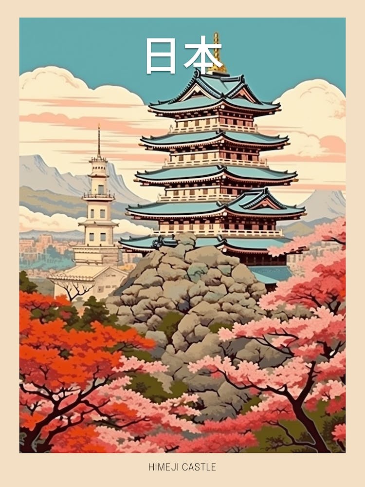 Himeji Castle, Japan Vintage Travel Art 4 Poster