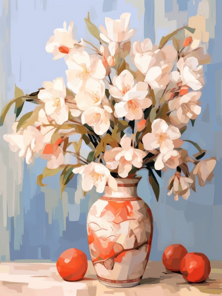 Azalea Flower And Peaches Still Life Painting 4 Dreamy