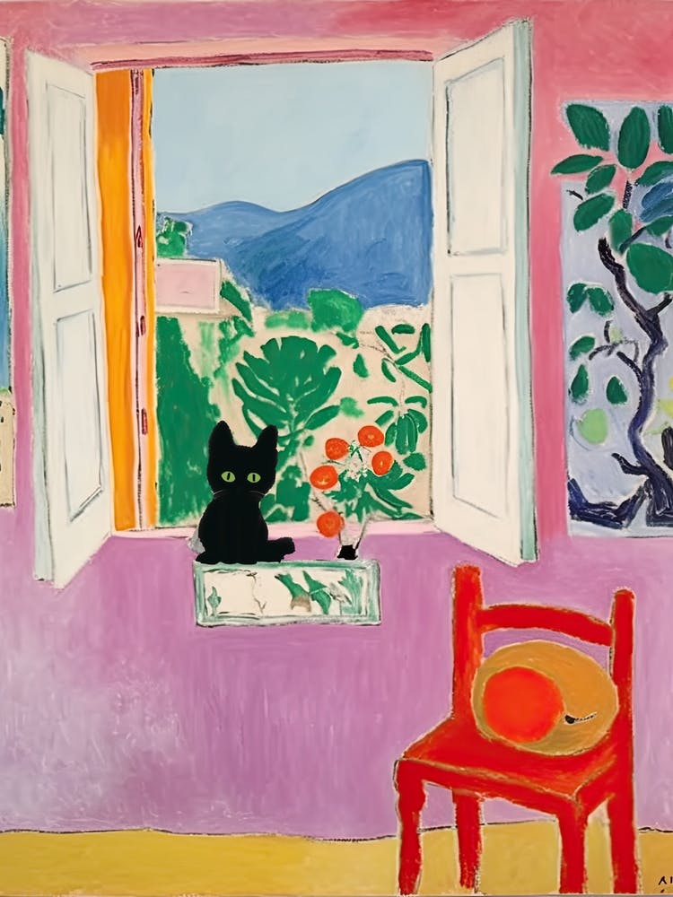 Open Window Painting With A Black Cat