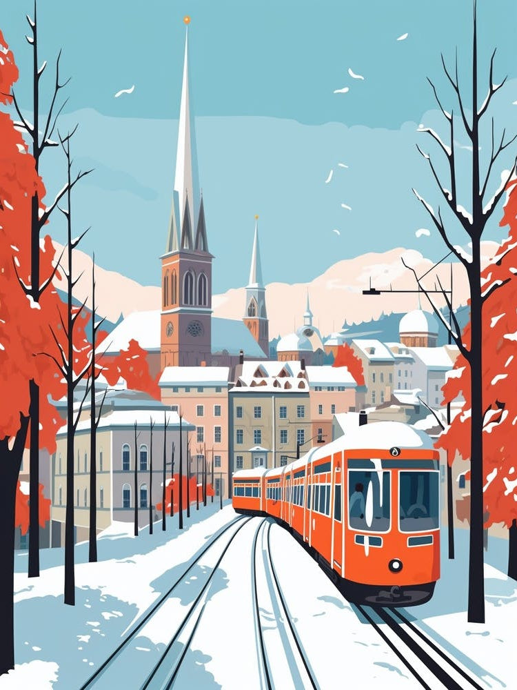 Retro Winter Illustration Zurich Switzerland 2