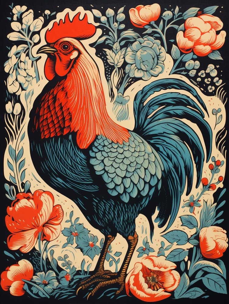 Vintage Bird Linocut Chicken 3