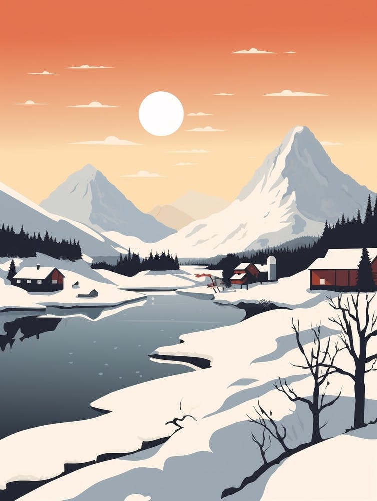 Retro Winter Illustration Lofoten Islands Norway 2