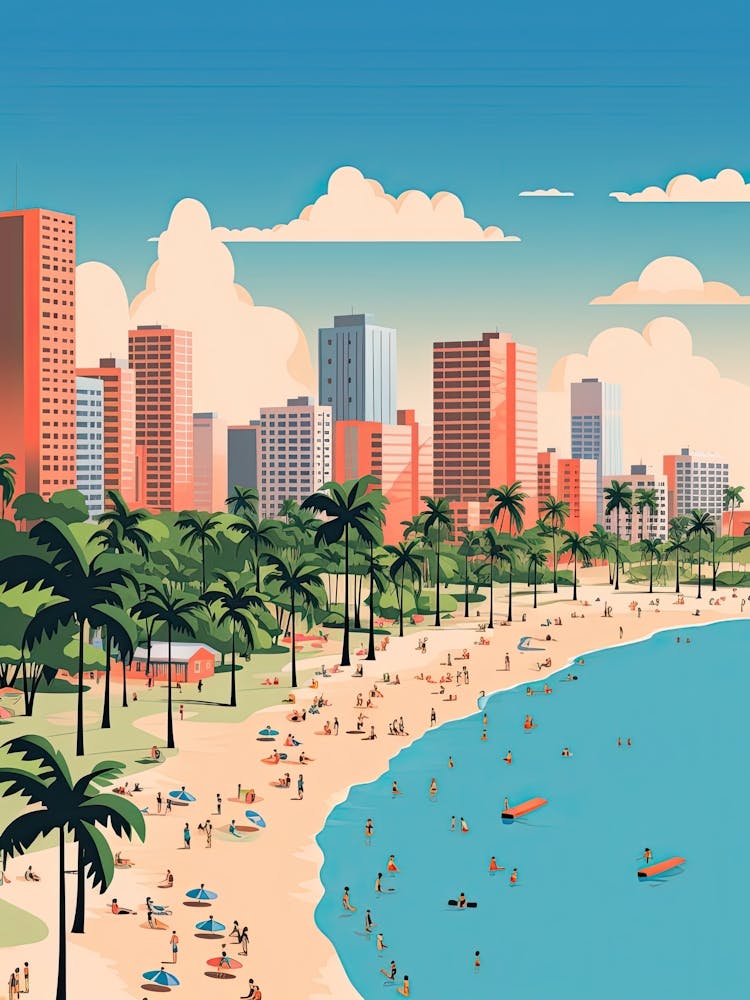 Waikiki Beach Hawaii, Usa, Graphic Illustration 1