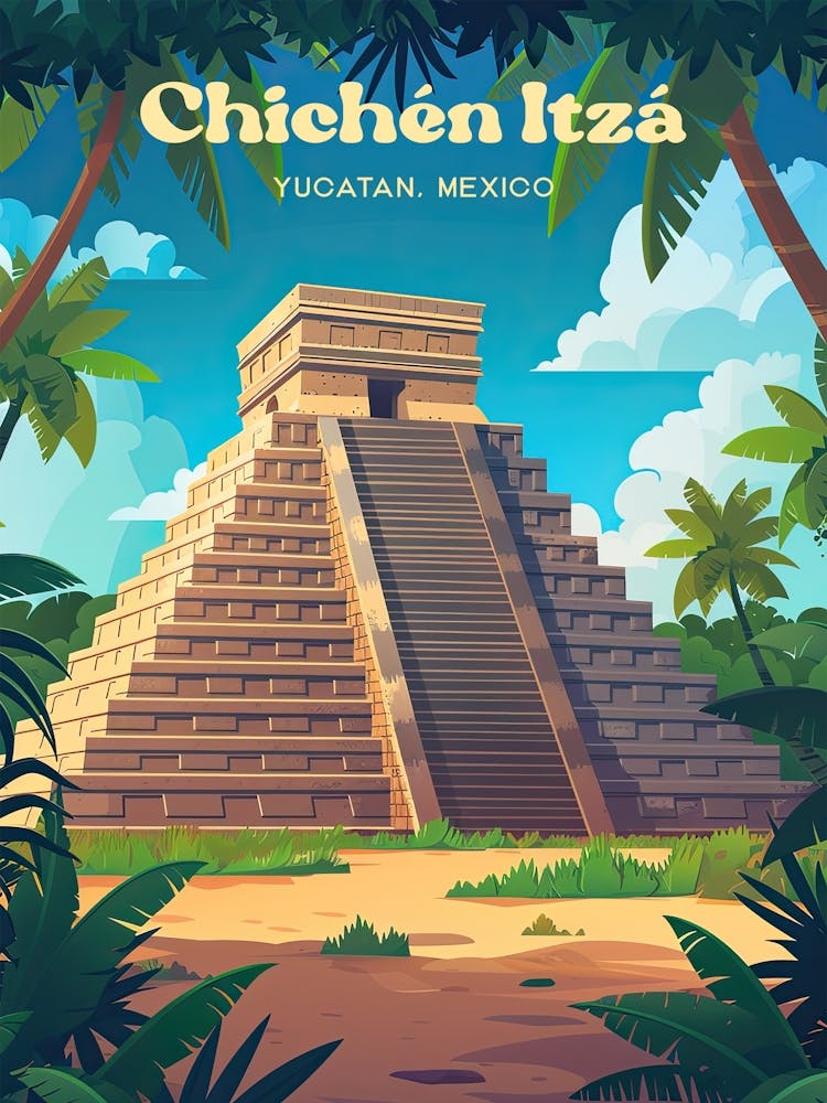 Chichen Itza Pyramid Travel Art Illustration