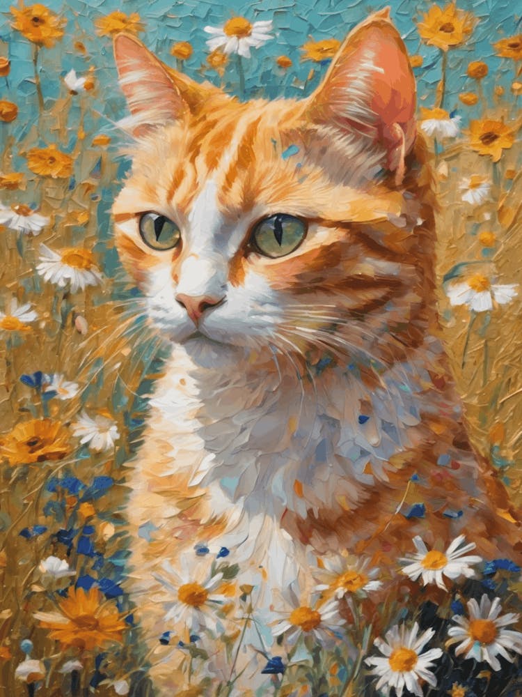 Klimt Style Ginger Tuxedo Orange Tabby Cat in Colorful Garden Flowers Meadow Gold Leaf Painting - Gustav Klimt and Monet Inspired Textured Acrylic Palette Knife Art Daisies Poppies Amongst Wildflowers Beautiful HD High Resolution