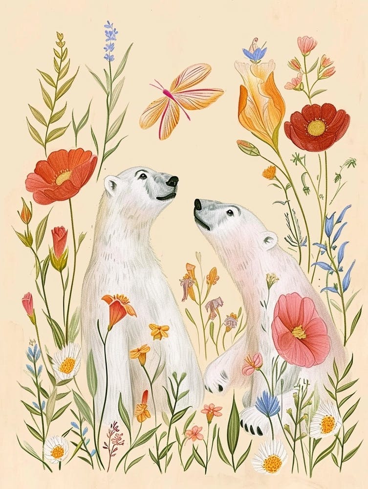 Folksy Floral Animal Drawing Polar Bear
