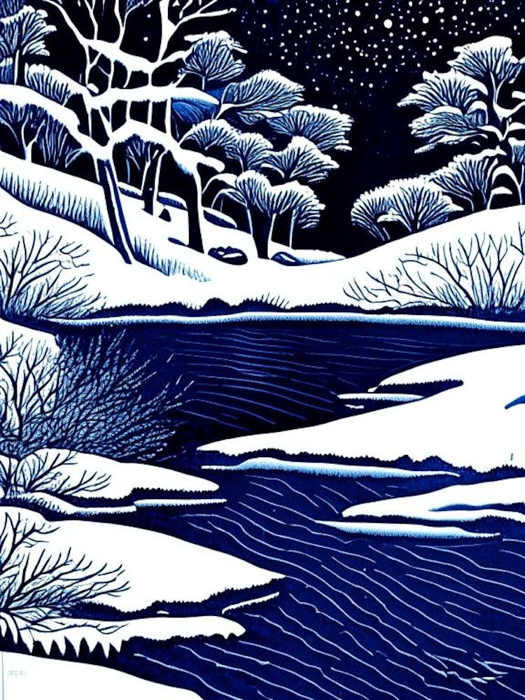 Snow Melting Into Water Waterscape Linocut 1
