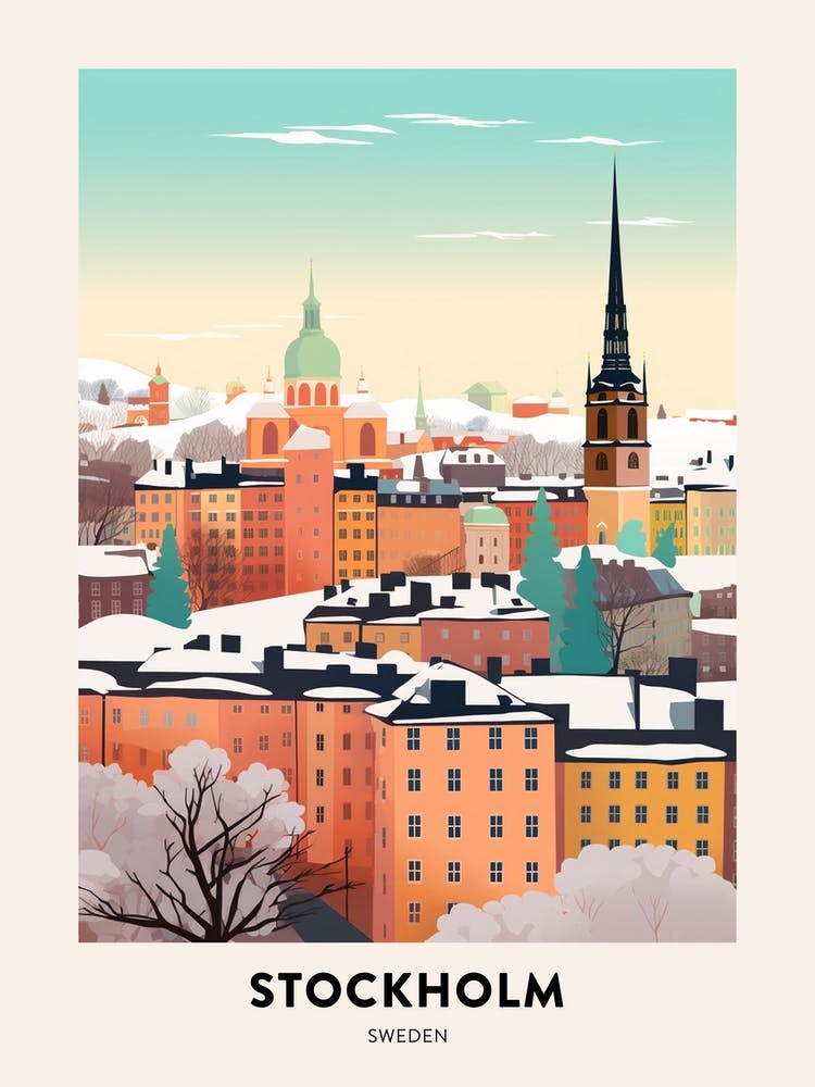 Vintage Winter Travel Poster Stockholm Sweden 2