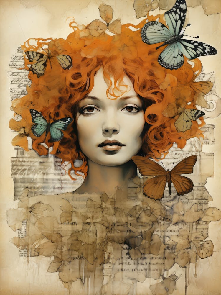 Woman With Red Hair And Butterflies