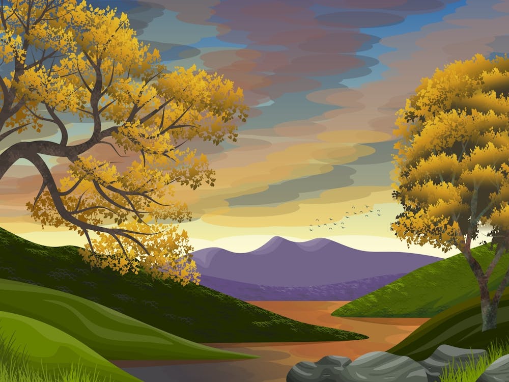 Scenic Vista Horizon Sky Clouds Sun Light River Water Trees Fall Nature Environment Stylized Painting Art Green