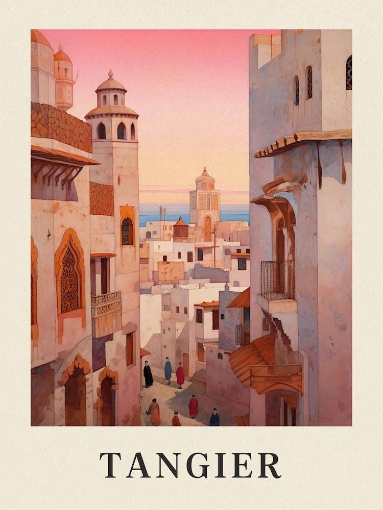 Tangier Morocco 4 Vintage Pink Travel Illustration Poster