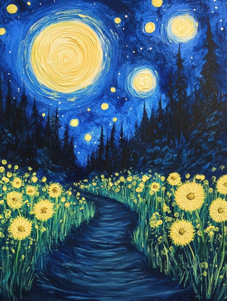 Field of Flowers Starry Night Van Gogh Inspired Art Print by