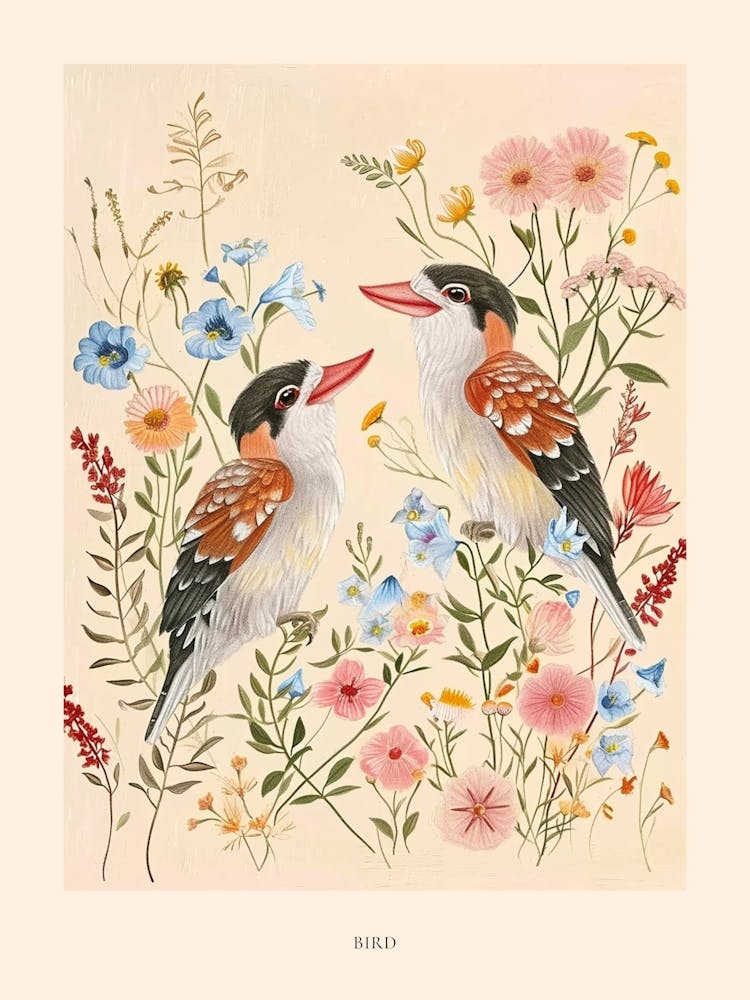 Folksy Floral Animal Drawing Bird 4 Poster