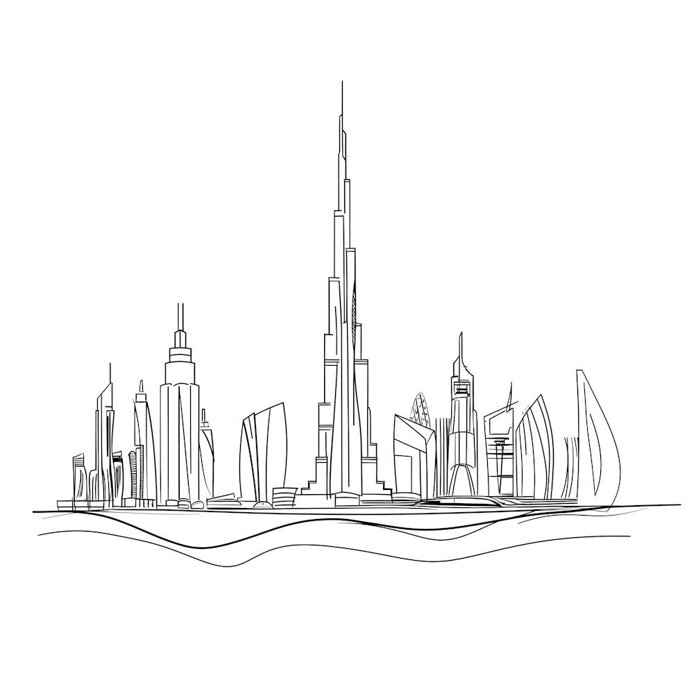 Dubai Skyline, minimalist, line art, black and white.