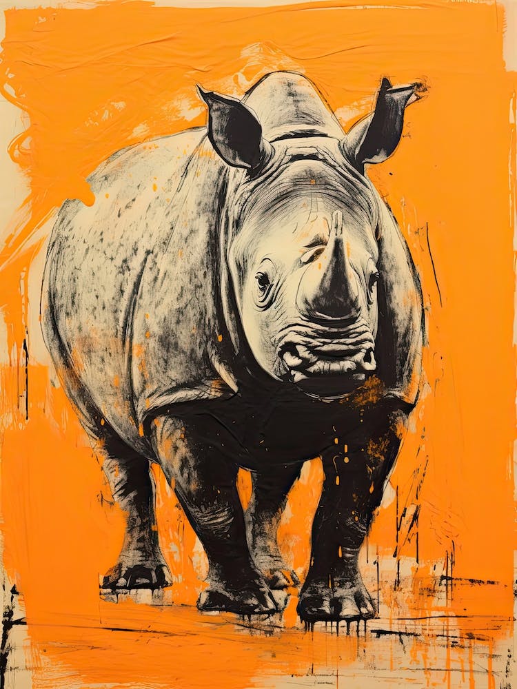 Rhino, Woodblock Animal  Drawing 2