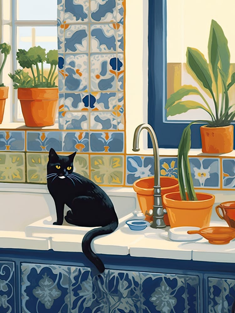 Black Cat In The Kitchen Sink, Mediterranean Style 0
