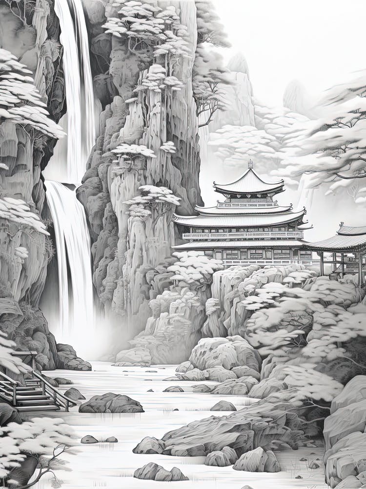 Nachi Falls In Wakayama, Ukiyo E Black And White Line Art Drawing 3