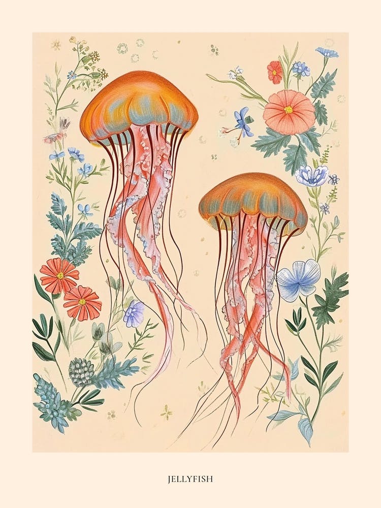 Folksy Floral Animal Drawing Jellyfish 2 Poster
