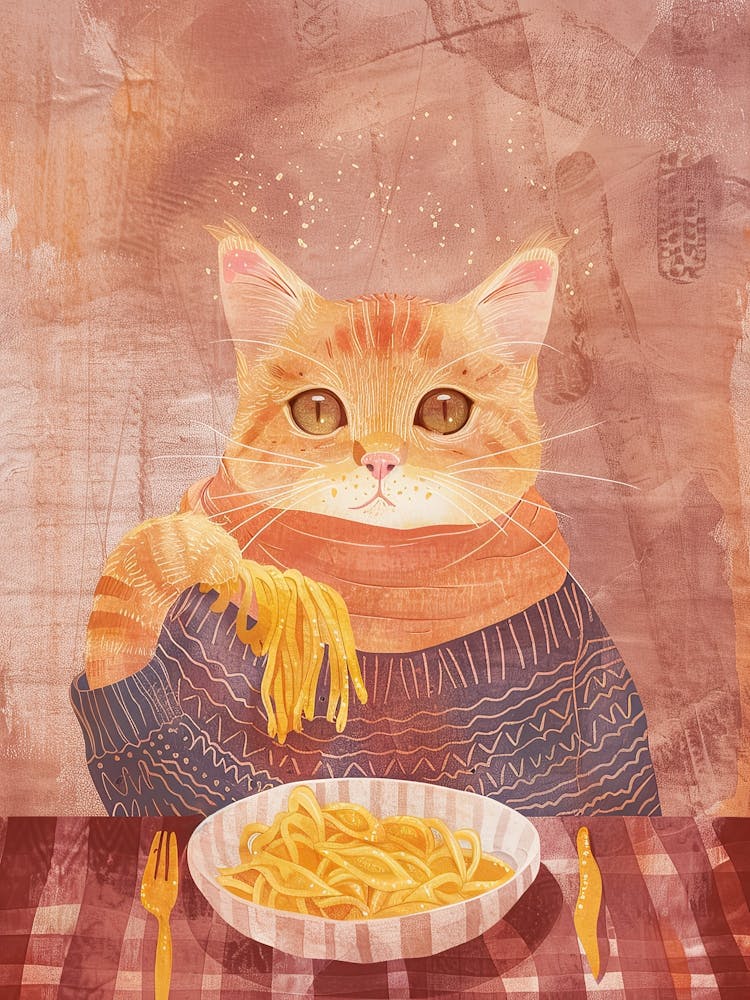 Cute Orange Cat Pasta Lover Folk Illustration 2