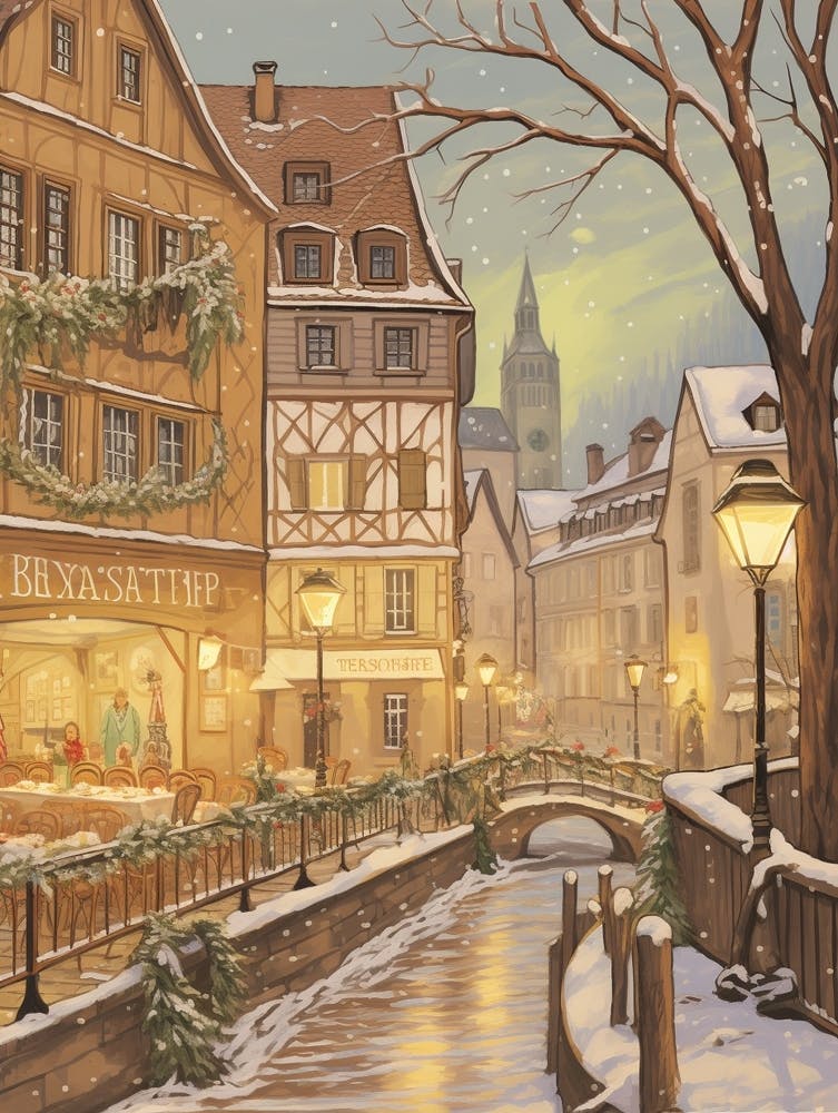 Vintage Winter Illustration Strasbourg France 3