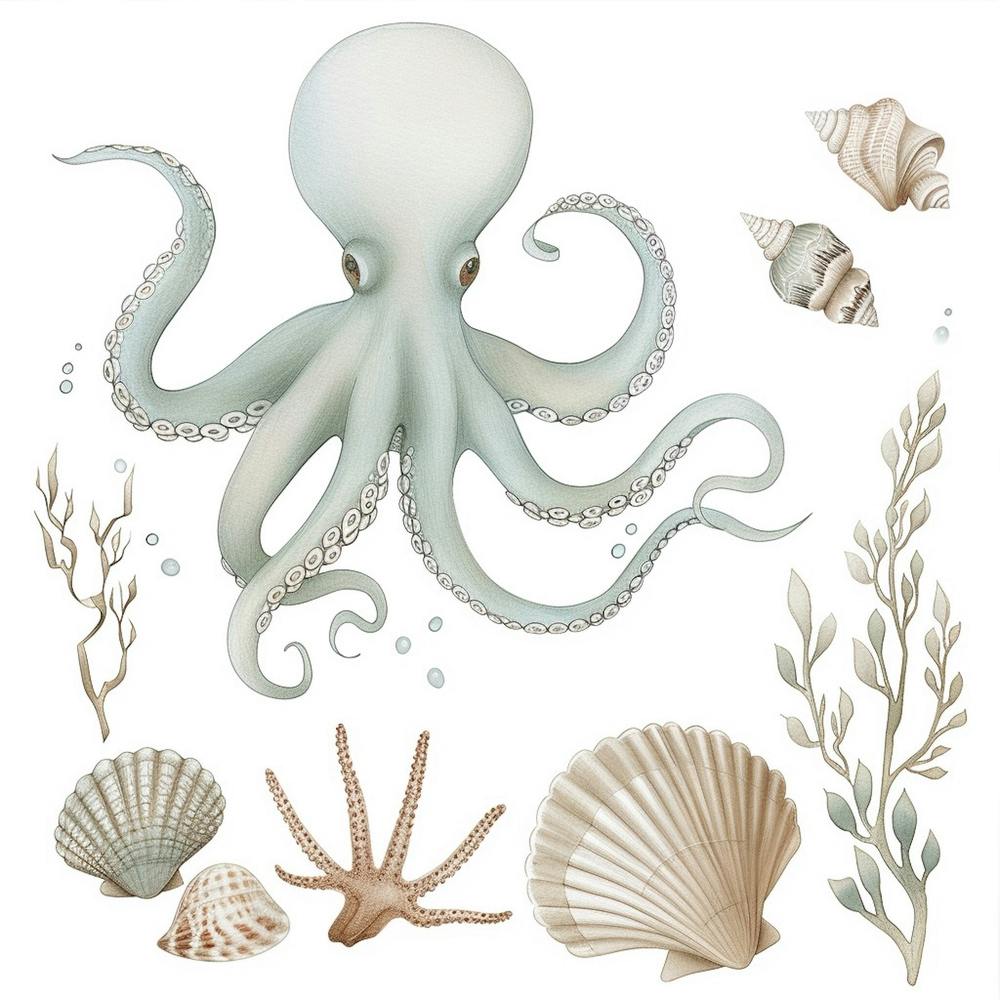 Blue Storybook Style Octopus Surrounded By Shells 1