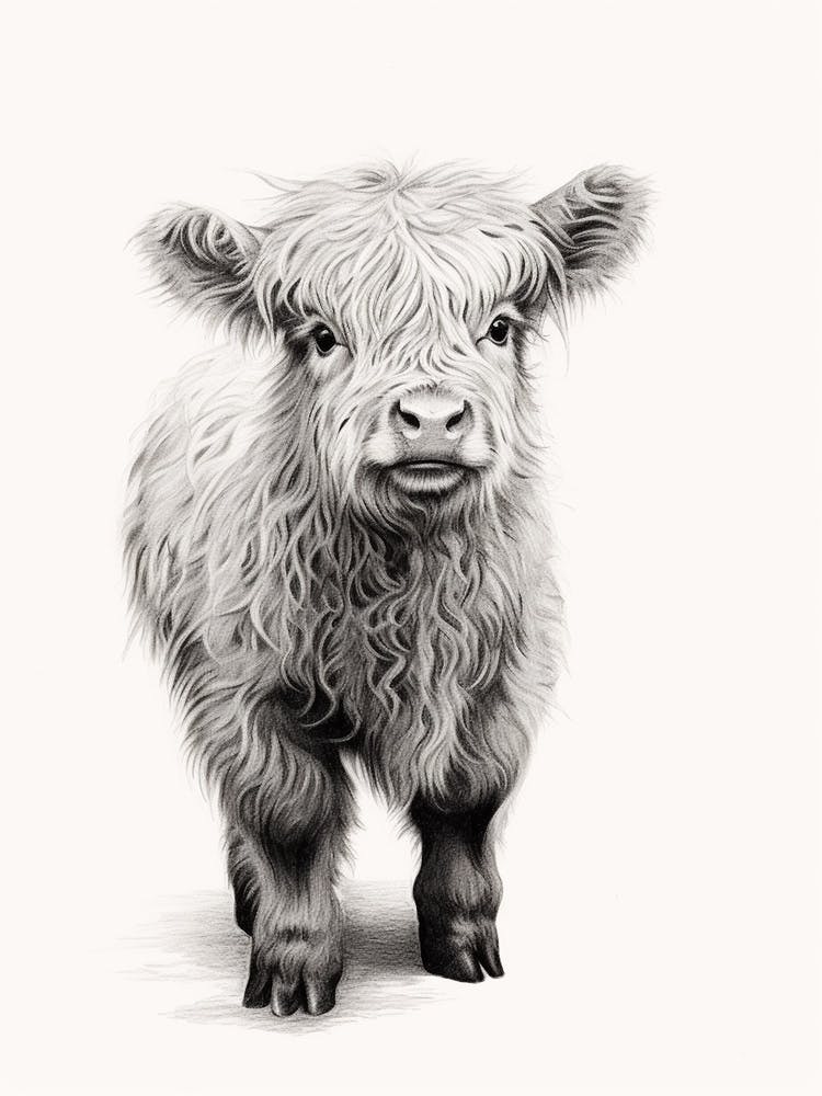 Illustration Noir & Blanc de Bébé Vache Highland 2