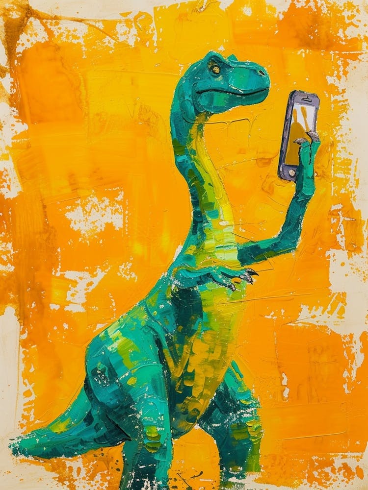 Dinosaur Taking A Selfie Orange Blue Brushstrokes